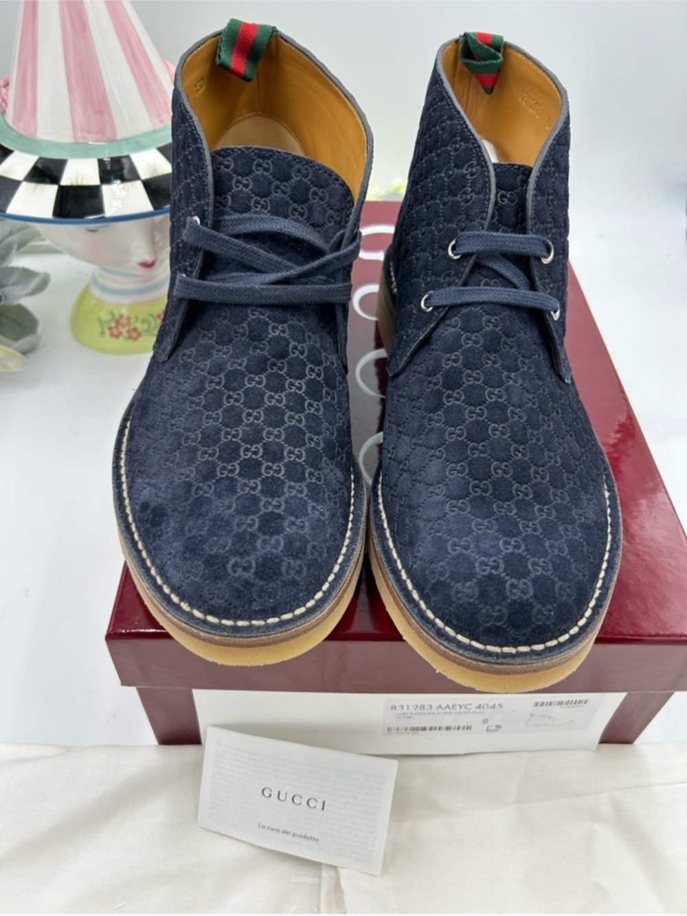 Gucci Navy MOREAU Suede GG Jacquard BOOTS . Size 8 fits 9. - Picture 6 of 9